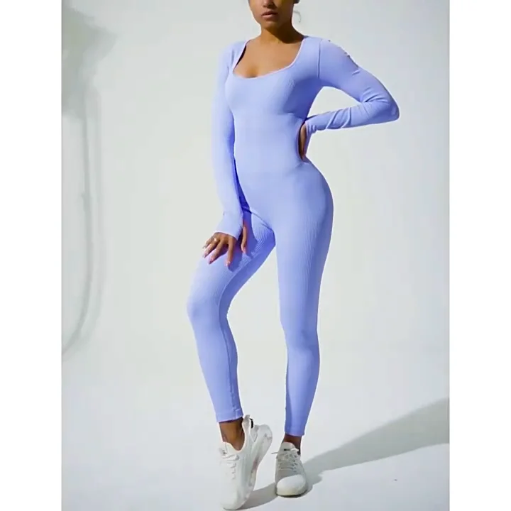 Seamless Ribbed One Piece Long Sleeve Bodycone Dance Gym Workout ...