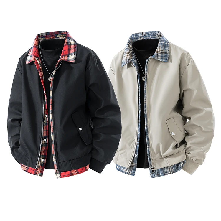 Men's plaid collar layered design jacket, fashionable top, classic casual street style coat