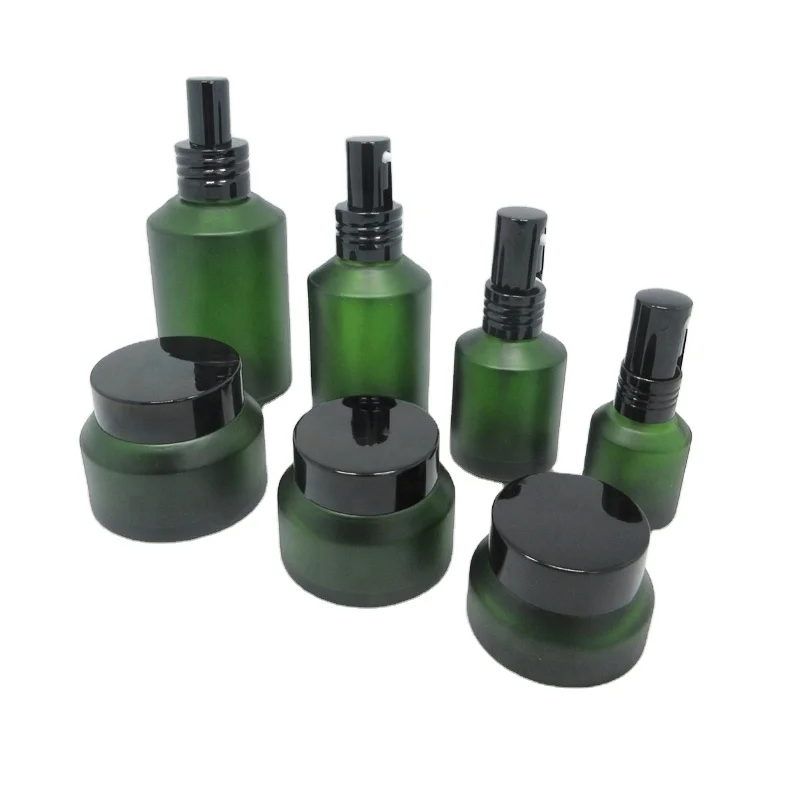15ml 30ml 100ml Frosted Dark Green Slant Shoulder Glass Lotion Pump Bottles and Cream Jars for Body Scrub Cosmetics Packaging