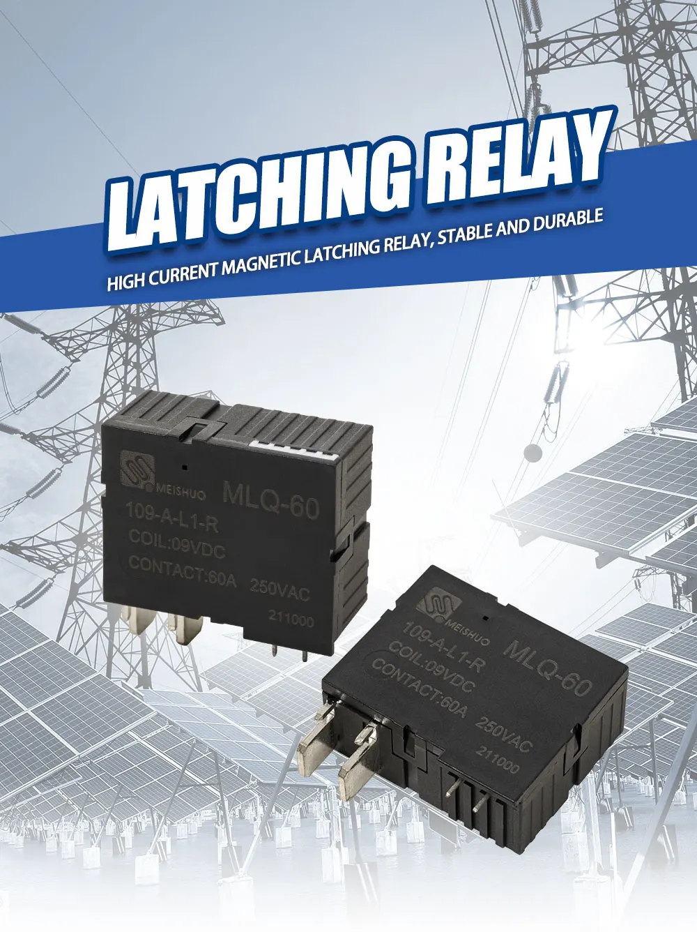 Meishuo MLQ-60-109-B-L1-R Magnetic Latching Relay 60a DC 9V 12v 24v NO 60A 250VAC Electromagnetic Relay High Power PCB 1A 1B
