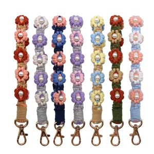 Pearl Daisy Flowers Woven Phone Lanyard Keychain Macrame Weave Bracelet Keyring Wrist Straps with Key Ring Charms