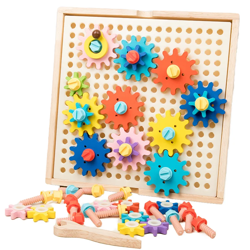 Wooden diy Gear Assembled Combination Board Game Wooden Screw Puzzle Toys with cards