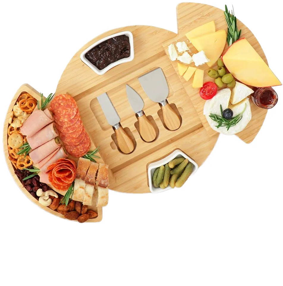 Large Round Charcuterie Cheese Board Set Bamboo Cheese Serving Platter Cheese Tray and Knife Set  for Gift