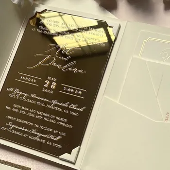 Trifold Luxury Elegant Gold Foil Mirror Acrylic Wedding Invitation With Qr Code Rsvp And Detail Cards