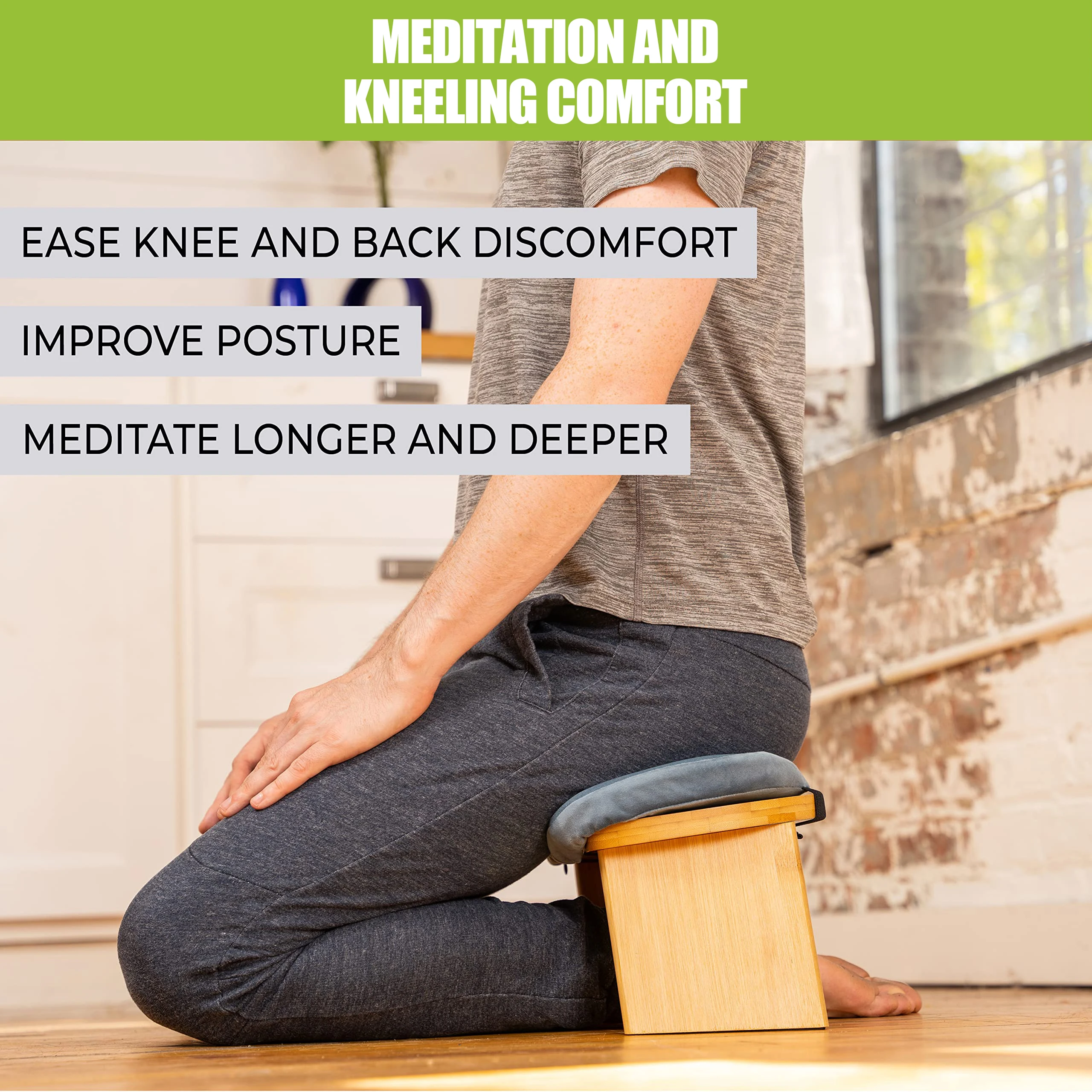 Florensi Foldable Bamboo Meditation Bench - 18"x7"x6" Ergonomic Stool For Kneeling & Prayer