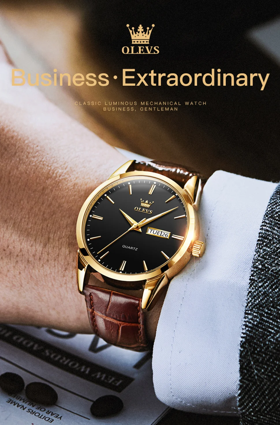 OLEVS 6898 Leather Quartz Watch Mens Watches Fashion Watch Men for Male Auto Date Rose Gold Shell Relogio Masculino