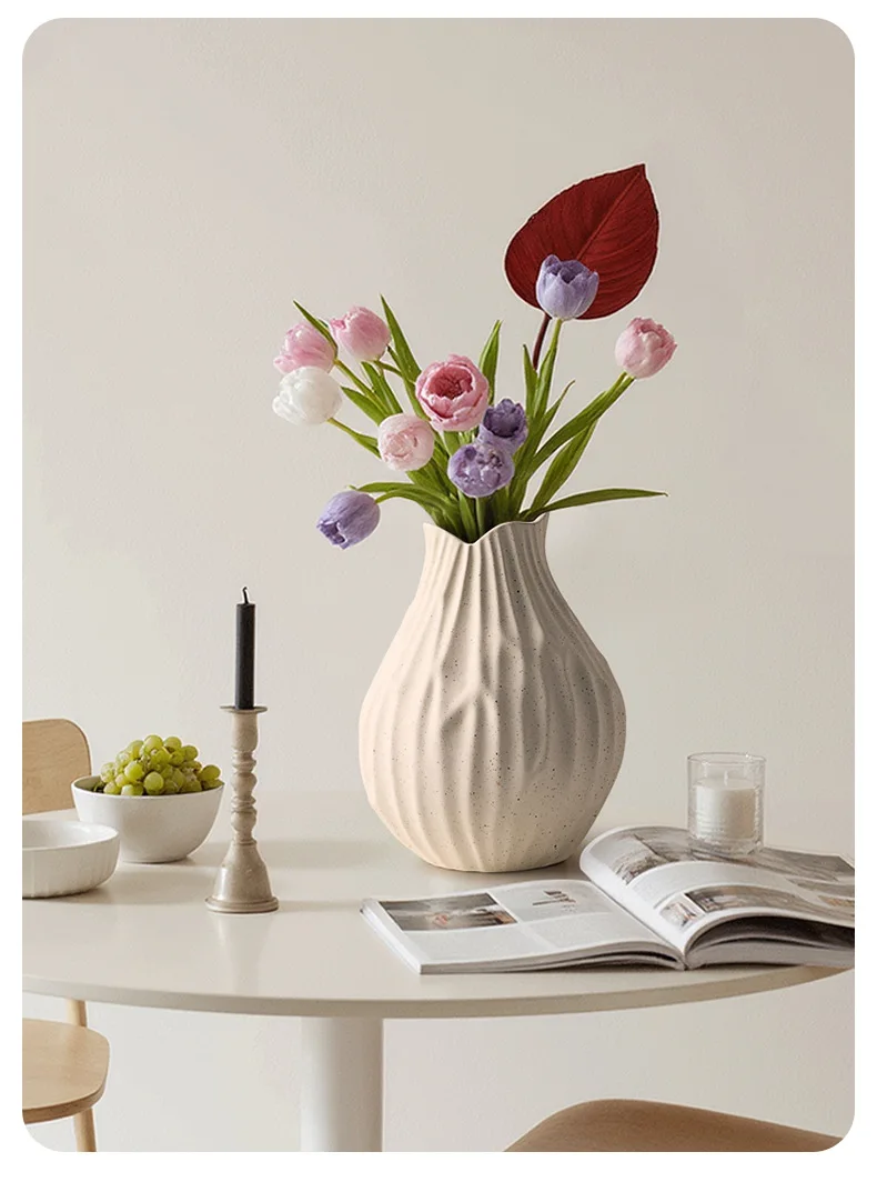 Blue Ceramic Vase with Fluted Texture Marbled Glaze Finish Modern Artistic Home Decor Living Room Flower Arrangement Centerpiece