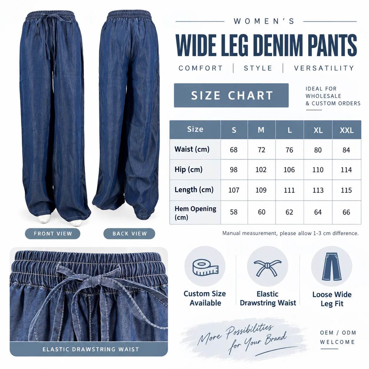 Vintage Blue High-Waisted Breathable Casual Women's Wide Leg Denim Elastic Waist Drawstring Pants Women's Pants Women's Jeans