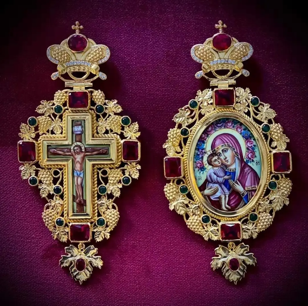 ZD052 Greek Spiritual Gift Box Packing Orthodox  Pectoral Cross and Panagia Gold Plated Necklace Grape Vine Design