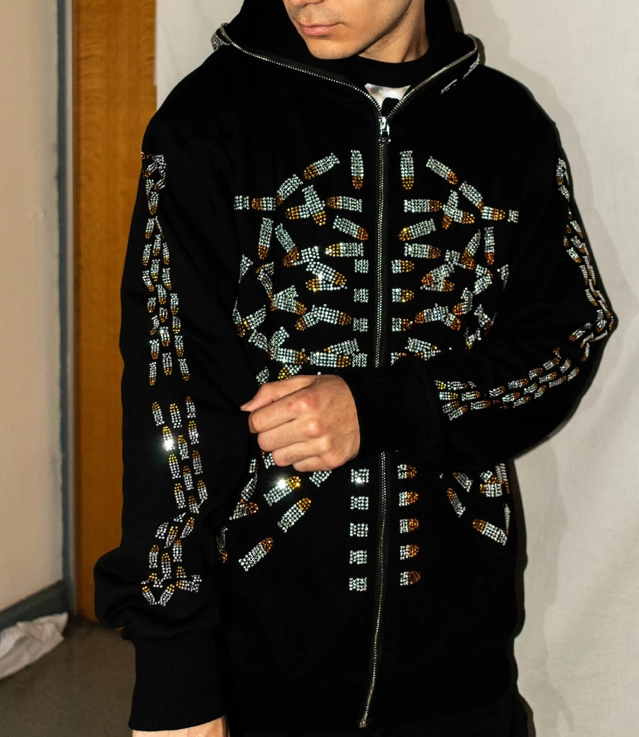 Oem Custom Zip Hoodie Sweatshirts High Quality Wholesale Full Face Zip up Skeleton Rhinestone Men Hoodie gallery 3