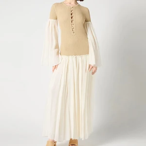 Wisrise Fashion Customize Design Lightweight Knit Ribbed Top Patchwork Woven Sleeve Two Tone Ruffle Maxi Dress