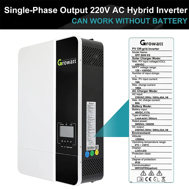 Growatt SPF 5000ES Off Grid Inverter Battery 48V Output 230VAC 50Hz