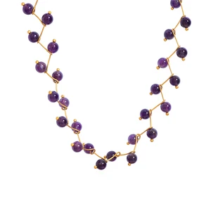 Grape Link Chain Unique Designer Choker Short Healing Natural Crystal Semiprecious Stone Bead Jewelry Necklace Stainless Steel