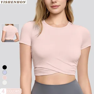 YISHENHON Women's Fitness Crop Top Advanced Sense Breathable Sports T-Shirt Cross Pleated Yoga Design Slimming Short Sleeves