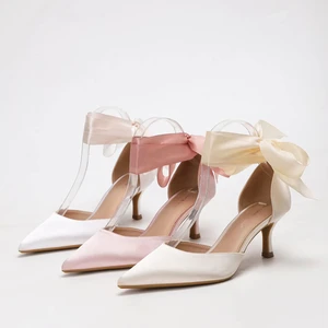 Summer Versatile Single High Heel Shoes with Pointed Toe Silk Straps Bow Lace-Up Closure Outdoor Sandal Type