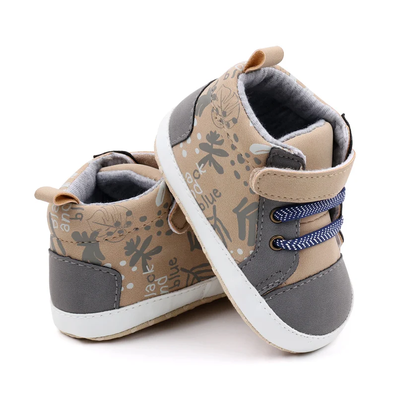 Patchwork Color Printing Decorative Baby Boys High-Top Soft-Sole Shoes for Walking details