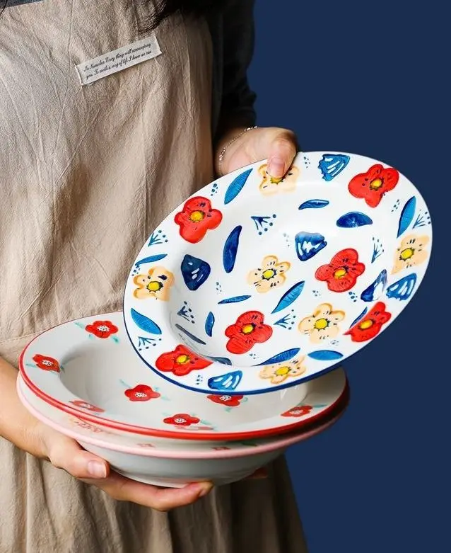 Factory Direct Cheap Japanese Style Ceramic Lace Deep Plates Restaurant Porcelain Pasta Plate Hotel Ceramics Soup Plate1432