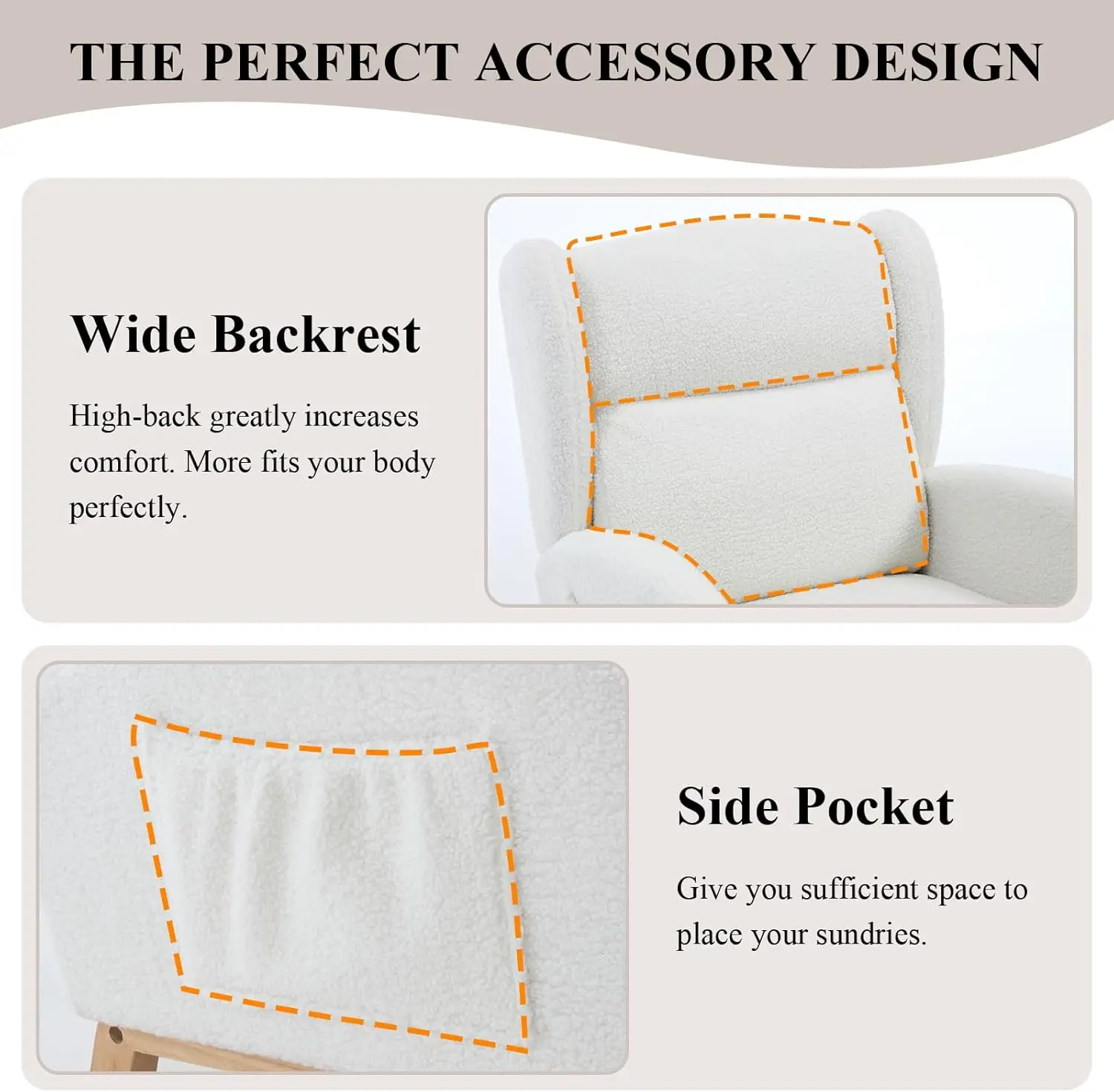 Reposapiés mecedora de gran tamaño con tapizado de osito blanco y bolsillo lateral, sillón de lectura para sala de estar_voghion.com