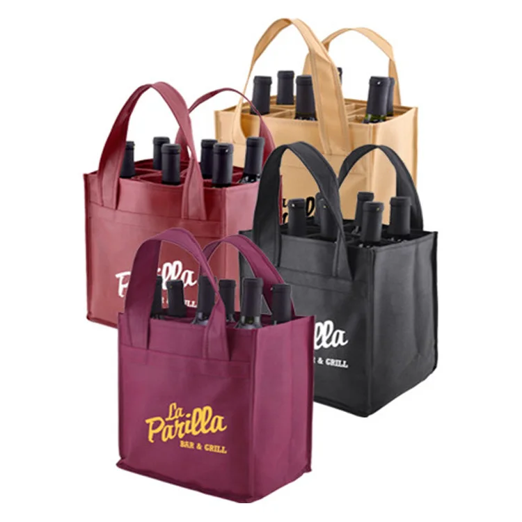 Heavy Duty Customize Reusable Divided 4 6 Bottles Holder Carrier Non Woven Wine Recycle logo Gift Bag  for Wine Bottles