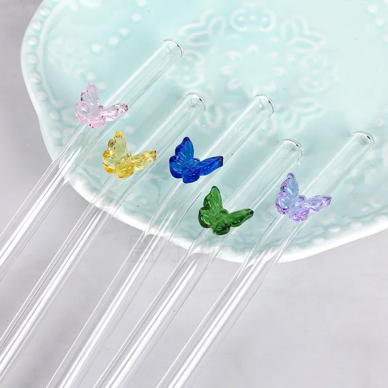 High Appearance Level Colorful New Color butterfly Pyrex Glass Straw Juice Coffee Milk Elbow Straw