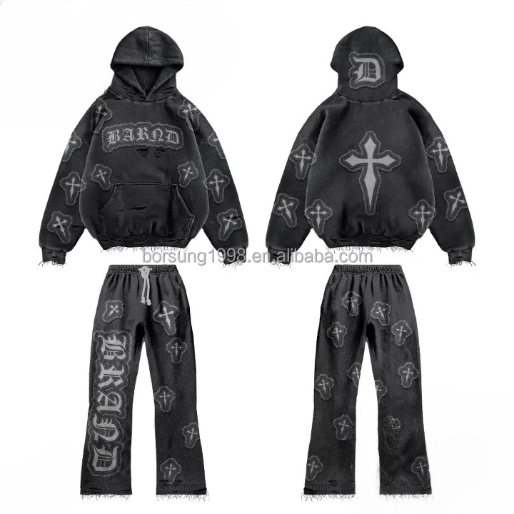Custom Logo Acid Wash Crewneck Cotton Sweat Suit Sportswear Men Blank 2 ...