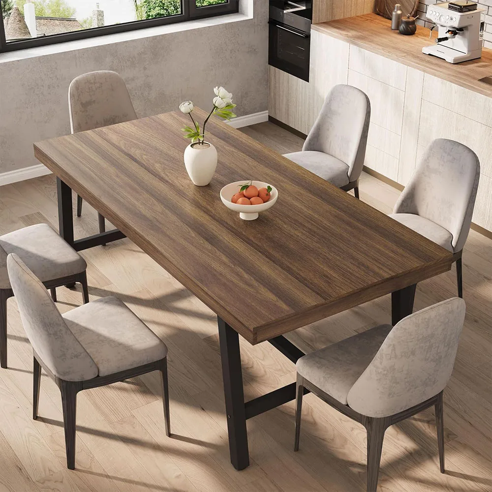 Modern Dining Table for 6-8 People 70.87 in Long Wooden Dining Room Furniture with Sturdy Metal Frame & Rustic Brown factory
