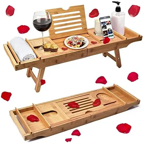 Expandable Bathtub Caddy Tray with Folding Legs Bath Shelf for Tub Wine Glass Phone Holder Luxury Spa Bathroom Organizer