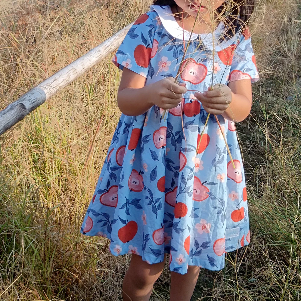 Custom Made Kids Girls apple Printing Dress Peter Pan Collar Short Sleeves Cotton Dresses Back to School Children Clothing
