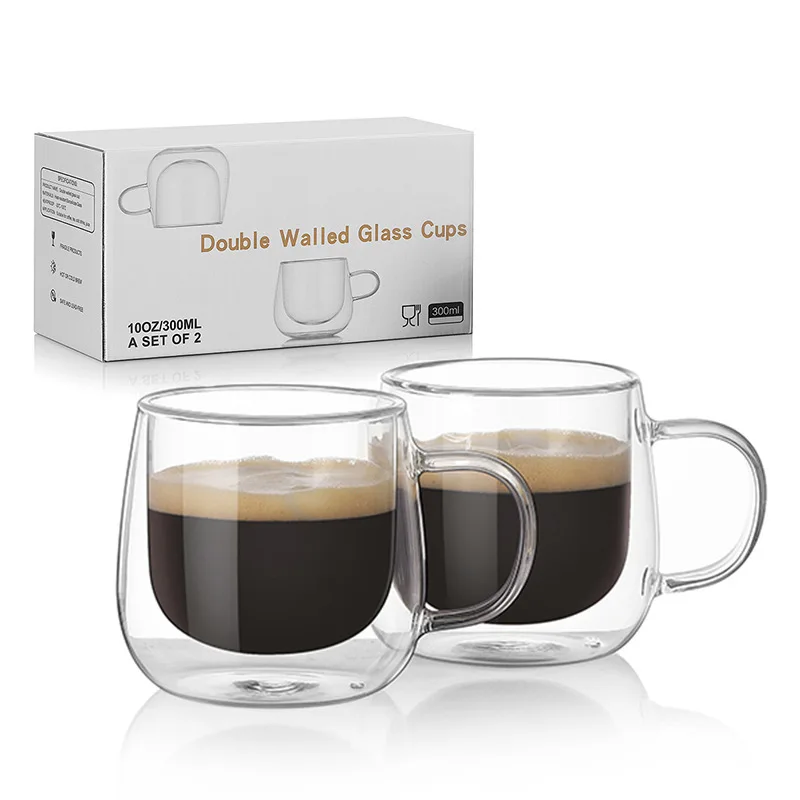 BNUNWISH Double Wall Glass Coffee Mugs 10oz Set of 4 Insulated  Clear Tea Cups with Handle, Perfect for Espresso, Latte and Cappuccinos:  Iced Tea Glasses