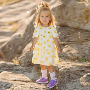 Skin-Friendly Spandex Cotton Toddler Girls Sun  Print Short-Sleeve Dress for Daily & Summer Wear