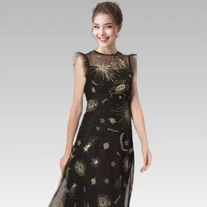 2026 Summer and Autumn Luxury Casual Women's Slim Fit Temperament Fashion New Black Mesh Embroidery Beaded Round Neck Dress