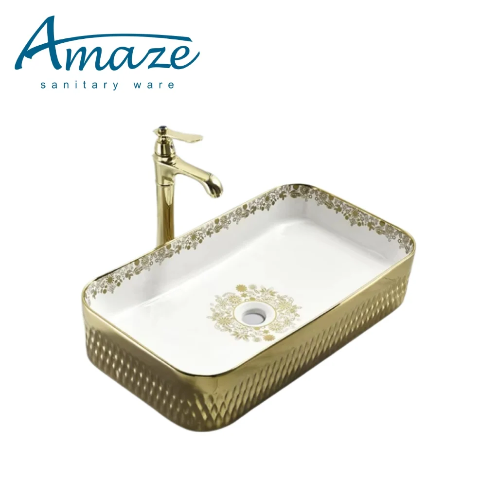 Gold rectangular countertop hand wash basin hotel bathroom luxury ceramic art basin sink