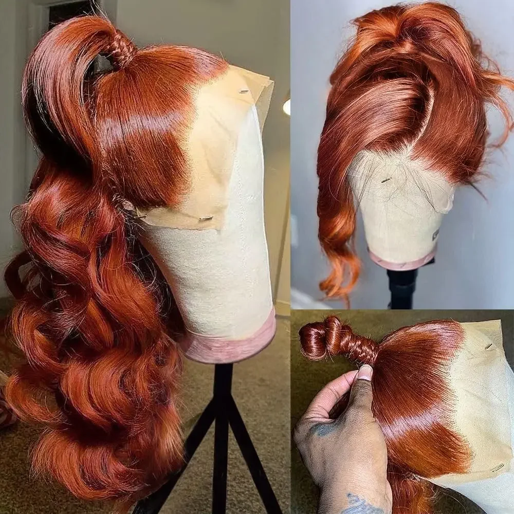 Rötlich braune Body Wave Echthaar Lace Front Perücke 30 Zoll Glueless Closure Perücke_voghion.com