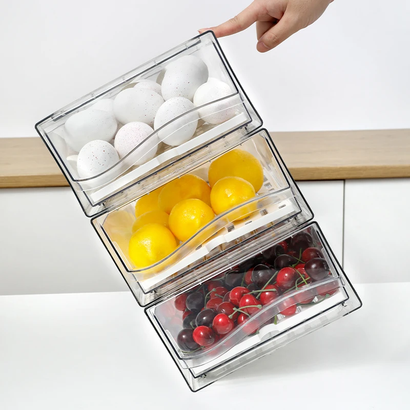 Fridge Drawer Reusable Food Storage Container Stackable Refrigerator Organizer Bins with Drain Board Air Hole