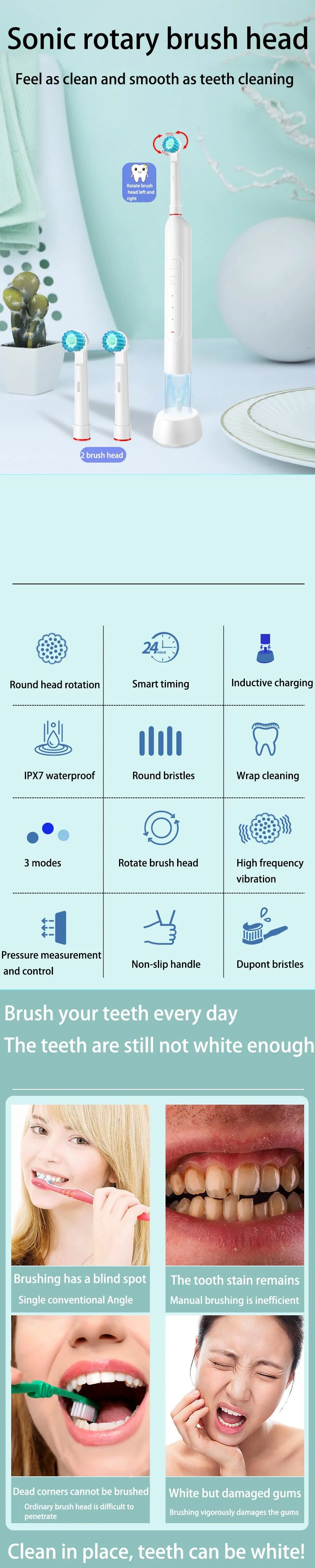 Personal Health Care - Oral care - Rotating Electric Toothbrush -5 Modes - Waterproof -30-Day Battery Life White Colour