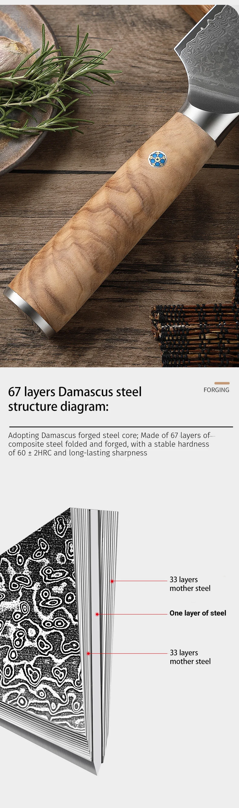 JJ 7 PCs Set 67 Layers Damascus 10Cr15Mov Core Steel Kitchen Knife Set with Olive Wood Handle Custom Stainless Steel Knife Set