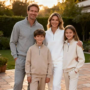 Custom Winter Skin-friendly Fleece Warmer Quater Zip Golf Pullover Sweatshirts with Pants Trousers Sets for Boys Girls Family