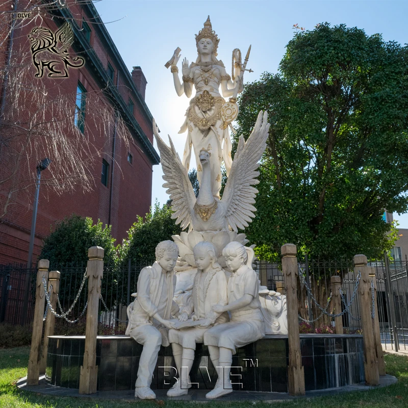 BLVE Outdoor Garden Handcarved Hindu Goddess Sitting Lotus White Marble Saraswati Statue for India