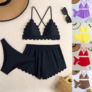 Stylish Women's Three-Piece Beach Swimwear Set Solid Color Top Shorts with Flounce Trim Cover-Up for Beach & Swim