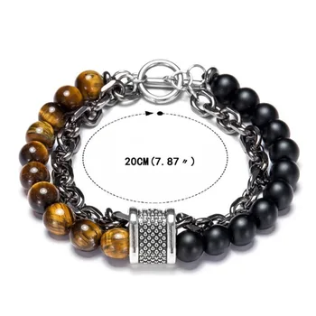 Bead Bracelet Double Chain Male Jewelry Men Blue Black Tiger Eye Natural Stone Stainless Steel Bracelets 8 9 10 Inch