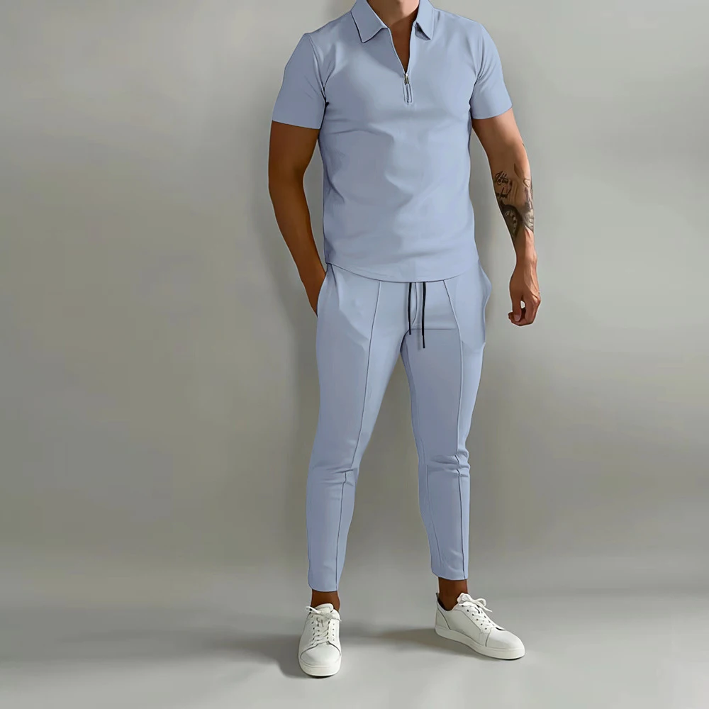 DOVEARK RTS Spring and Summer Matching Men's Suit Lapel Short Sleeve POLO Shirt Sports Pants Casual Knitted 2-piece Suit for Men
