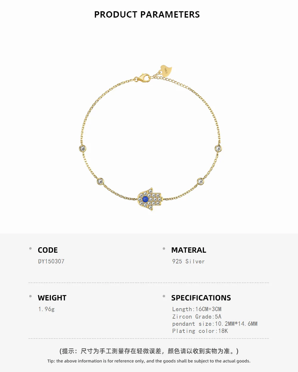KAKODIY Vintage Minimal 18K Gold Plated China 925 Sterling Silver Bracelet Cubic Zirconia Evil Eyes Hamsa Hand Fatima Lucky Bracelet Women detail 1