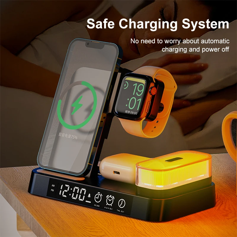 15W 4 in 1 Magnetic Digital Alarm Clock Wireless Charger Stand 3 in 1 Foldable Wireless Charger With RGB Lamp Night Led Light