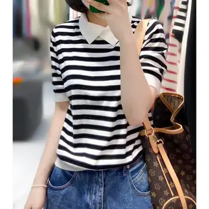 Summer Short Sleeve T-shirt Female Design College Style Short Sweater Top Stripe Women's Top Knit