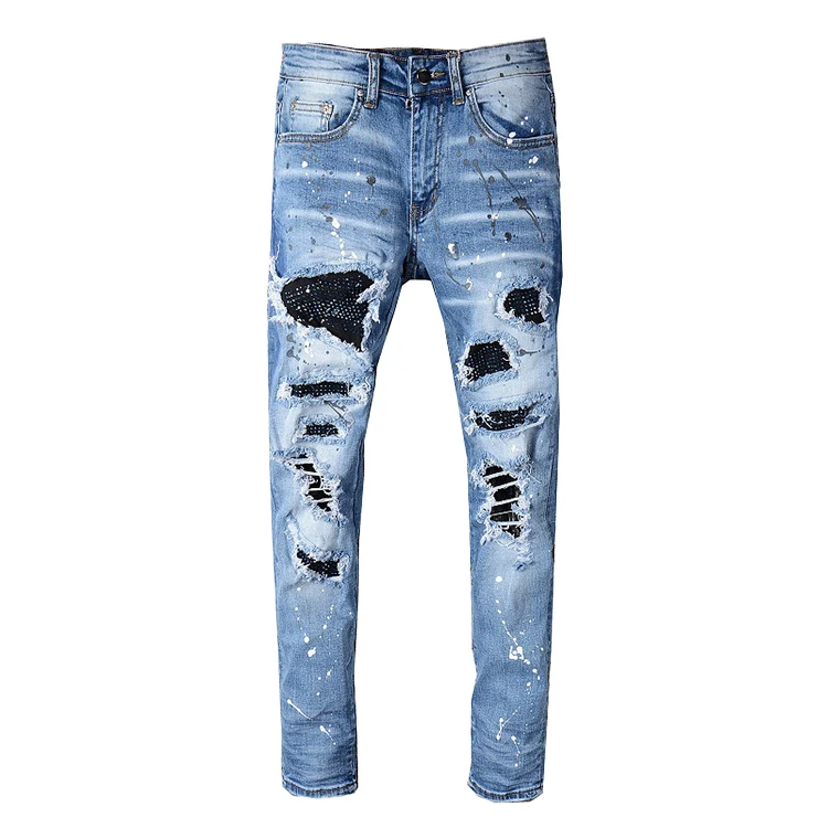 Custom Men's Rhinestone Crystal Patchwork Light Blue Ripped Jeans Slim Fit Skinny Stretch Denim Pants