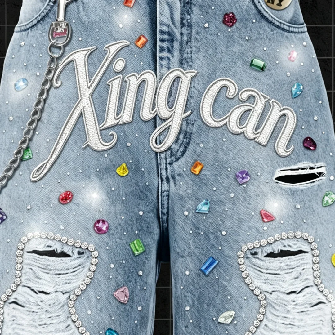 product custom streetwear men loose denim shorts acid washed ripped design decorated chenilleembroidery colored rhinestones metal chains-2