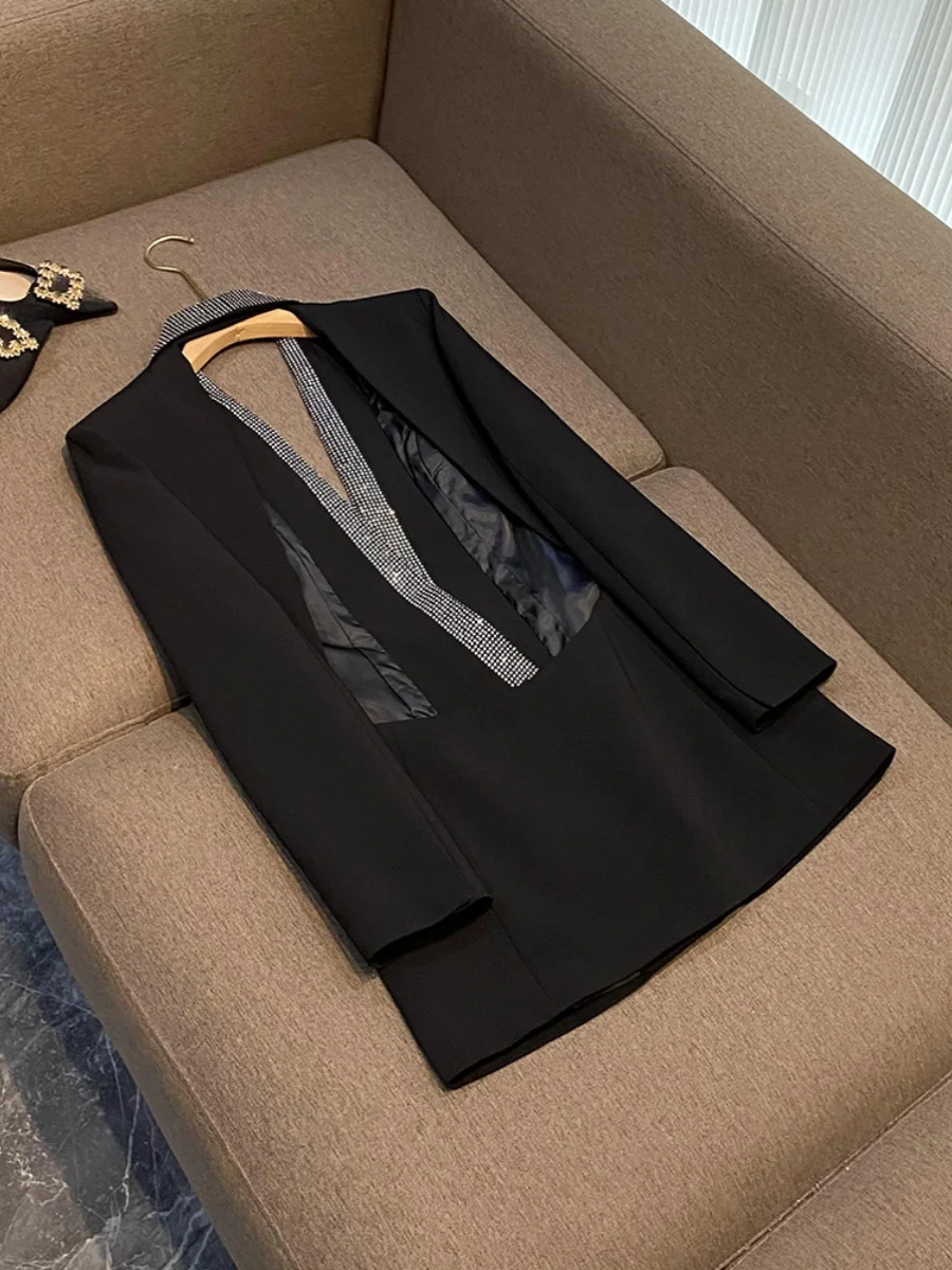 Satin Shiny Sequins One Button Blazer Shawl Collar 100% Polyester Black main image 1
