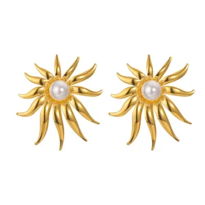 Hot Selling Vintage Style Sun Flower Pearl Earrings Stainless Steel 18K Gold Plated Earrings Jewelry Women