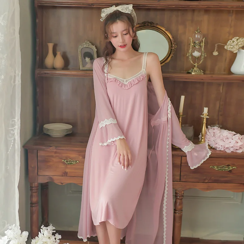 Romantic Women Robe Gown Set 2 Piece Pajamas Vintage Girls Nightgown Sexy  Sleepwear Dress Lace Cotton Night Wear Loungewear| Alibaba.com