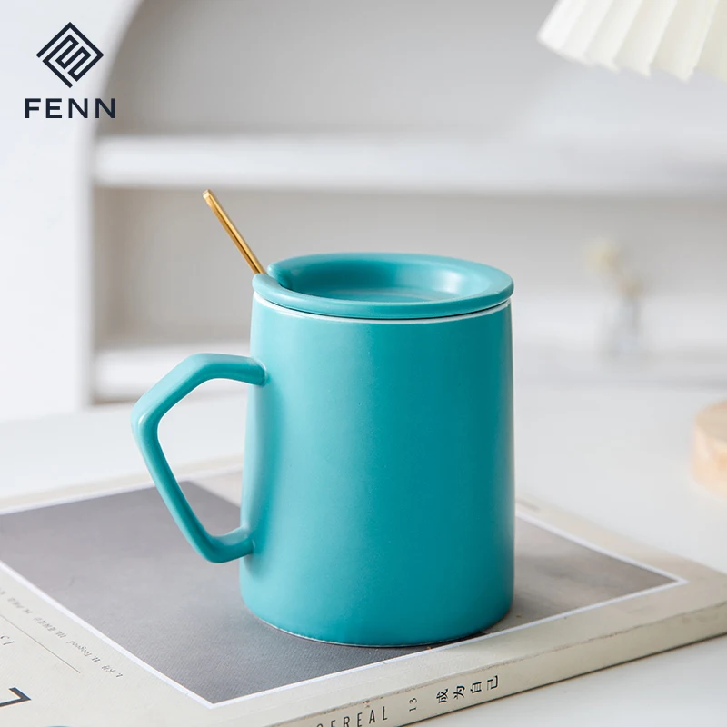 FENN Home Office Used Blue Color Unique Handle Porcelain Mug 350ML Matte Glaze Ceramic Coffee Water Mugs Cups With Lid